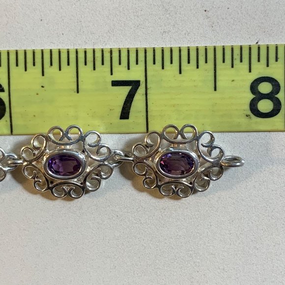 Vintage Sterling Silver 925 Amethyst Scroll Link Tennis Bracelet 7.75" Long - Picture 7 of 13
